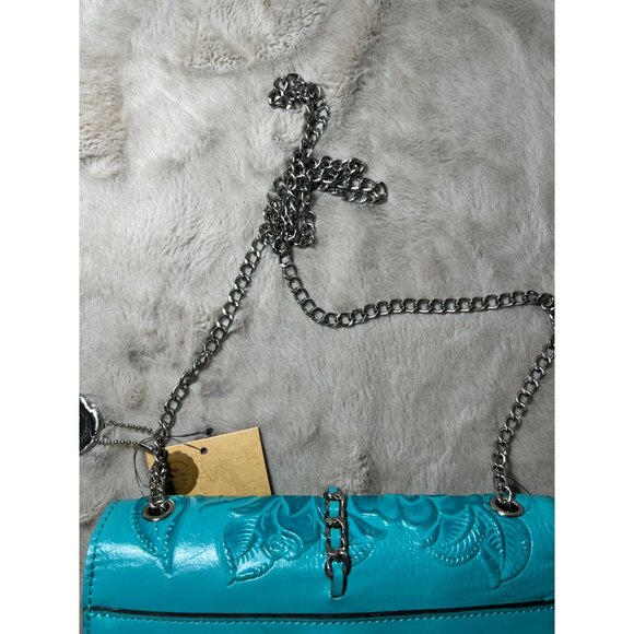 Patricia Nash Aqua Leather Rose Tooled Crossbody Bag With Chain Strap & Tassel - Picture 9 of 16